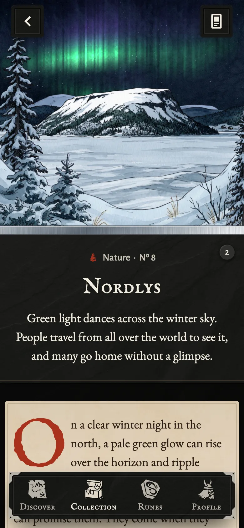 The page of the Nordlys card: its painting of the northern lights over a frozen lake, its name and the start of its story